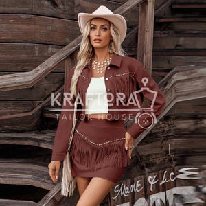 Western Cowgirl Fransset i två delar – Boho Tassel Crop Jacka & Minikjol