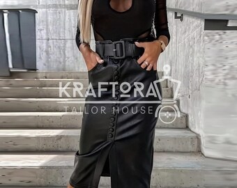 Office Wear Leder Midi Rock Gürtel Hohe Taille Knopfleiste Bleistiftrock für Frauen