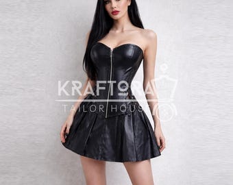 Black  Leather Corset Dress, Strapless Gothic Mini, Club Party Outfit