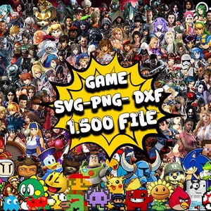 May include: A vibrant collage of video game characters, featuring a multitude of figures from various games. The image includes a yellow burst with the text "GAME SVG-PNG-DXF 1.500 FILE". The characters are diverse, with a mix of styles and colors.