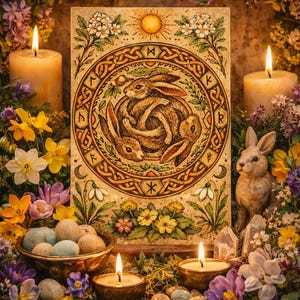 Könnte beinhalten: Dekorative Illustration mit einem kreisförmigen Design von drei Hasen, umgeben von Blumen, Kerzen und einer Hasenfigur. Das Bild ist von Blumen und Blättern umgeben und schafft eine warme Atmosphäre. Die Kerzen sind angezündet.