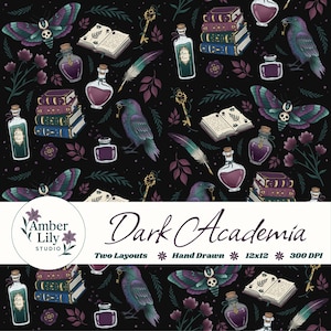 Puede incluir: Patrón de Dark Academia con ilustraciones de libros, botellas de pociones, llaves, cuervos, polillas y plumas sobre un fondo negro. El diseño incluye el texto "Dark Academia" y "Amber Lily Studio".