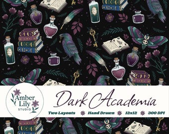 Patrón sin costuras de Dark Academia, dibujado a mano, papel digital gótico de brujas, diseño de cuervo y polilla, archivo sin costuras de estilo literario, uso comercial