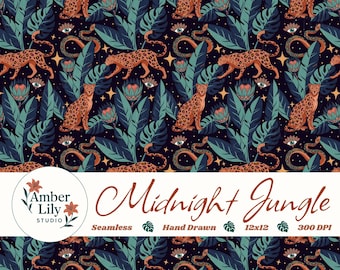 Patrón sin costuras de jungla tropical, diseño de tela de hojas exóticas con serpiente leopardo, estampado animal maximalista, repetición botánica de monstera, comercial