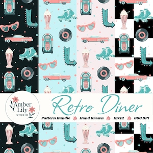 May include: A repeating pattern featuring retro diner elements. The design includes pink cars, jukeboxes, roller skates, milkshakes, vinyl records, and cat-eye sunglasses. The text "Retro Diner" and "Pattern Bundle" are also present.
