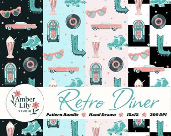 Paquete de patrones sin costuras de restaurante retro, diseño rockabilly de los años 50 dibujado a mano, máquina de discos Sock Hop y patines, rosa y verde azulado, uso comercial