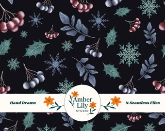 Patrón sin costuras de bayas de invierno escarchadas, dibujado a mano, PNG, descarga para tela, diseño de superficies, uso comercial