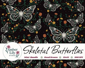 Patrón sin costuras de mariposa esqueleto, PNG dibujado a mano, mariposa botánica oscura floral, papel digital floral gótico