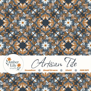 Puede incluir: Diseño de azulejo artesanal sin costuras y dibujado a mano. El patrón presenta un motivo floral repetido en tonos de azul marino, marrón, blanco y gris. El diseño incluye el texto "Artisan Tile" y "12x12".