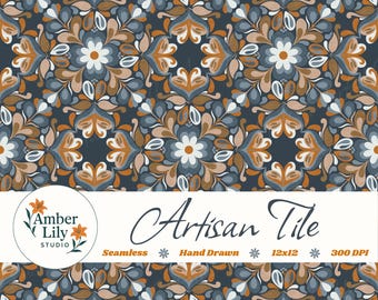 Patrón sin costuras de mosaico floral artesanal, diseño geométrico de tela dibujado a mano, patrón repetido de arte popular retro, motivo simétrico de inspiración vintage