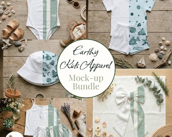 Maqueta de ropa infantil con diseños neutros y orgánicos para Procreate y Photoshop. Maqueta de producto fácil para patrones.