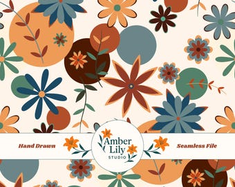 Patrón floral retro dibujado a mano sin costuras, PNG, descarga instantánea para diseños de superficies de vinilo, tela y papeles digitales
