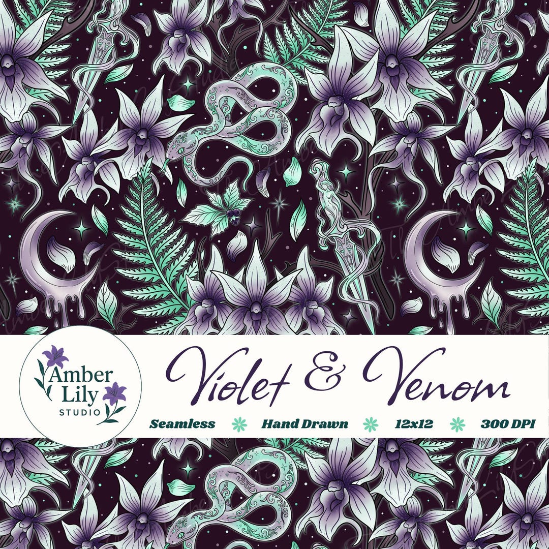 Whimsy Dagger Ghost Orchid Seamless Pattern, Hand Drawn Gothic Serpent & Dagger ...