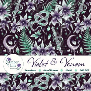 Wzór bezszwowej orchidei z duchami, ręcznie rysowany wzór tkaniny z gotyckim wężem i sztyletem, fantazyjny, powtarzający się wzór w kolorze liliowo-morskim, do użytku komercyjnego