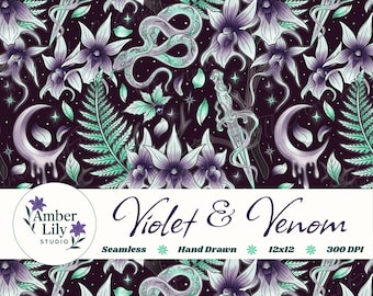 Patrón sin costuras Orquídea Fantasma, diseño de tela gótico de serpiente y daga dibujado a mano, patrón repetitivo caprichoso lila turquesa brujos, uso comercial