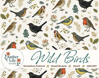 Patrón sin costuras de aves silvestres dibujadas a mano, diseño de bosque, PNG, descarga para tela, diseño de superficies, uso comercial