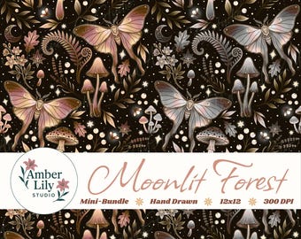 Patrón sin costuras Bosque Iluminado por la Luna, Diseño de tela de bosque con polillas y setas dibujadas a mano, Noche botánica celestial caprichosa, Uso comercial