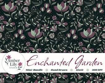 Patrón floral sin costuras de jardín encantado, dibujado a mano, paquete múltiple PNG, descarga para tela, papel, diseño de superficies, uso comercial, verde azulado oscuro
