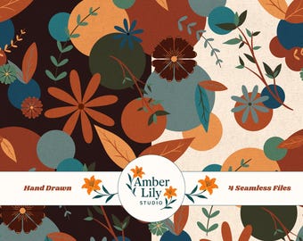 Paquete múltiple de papel floral retro con patrón sin costuras dibujado a mano, PNG, descarga instantánea para diseños de superficies en papel digital, vinilo y tela.