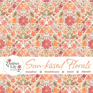 Może przedstawiać: Bezszwowy wzór kwiatowy z kremowym tłem, przedstawiający stylizowane kwiaty w odcieniach pomarańczu, różu i czerwieni. Projekt zawiera liście i tekst "Sun-kissed Florals".