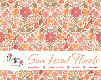 Patrón floral sin costuras, diseño de tela de pradera dibujado a mano, patrón de superficie simétrico de arte popular, repetición de mariposas florales, uso comercial