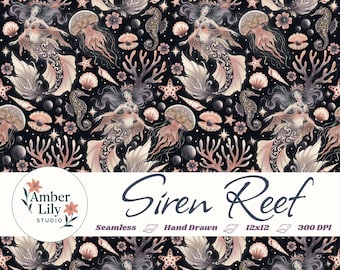 Patrón sin costuras de sirena oscura, diseño de fantasía oceánica dibujado a mano, repetición de sirena mística y bruja, medusas, conchas marinas y coral, tela, comercial