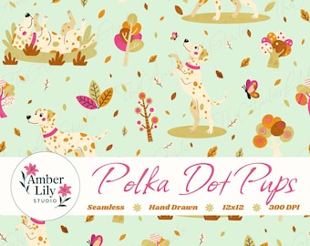 Patrón sin costuras de perro juguetón, dibujo a mano de un cachorro adorable, tela con un toque de naturaleza, impresión para guardería, uso comercial.