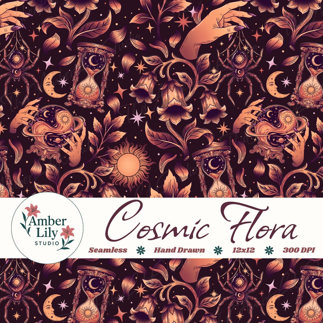 Hand Drawn Celestial Witchy Seamless Pattern, Gothic Floral Fabric ...