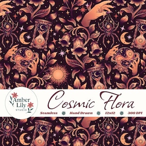 May include: A seamless, hand-drawn pattern titled "Cosmic Flora" features celestial and botanical elements. The design includes hourglasses, spiders, moons, suns, and hands, all in shades of brown and orange against a dark background. The pattern is 12x12 inches at 300 DPI.