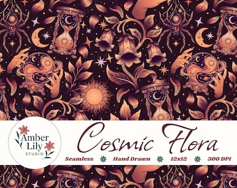 Patrón celestial sin costuras dibujado a mano con temática de brujas, diseño floral gótico para tela, jardín caprichoso y melancólico, araña, bola de cristal, uso comercial.