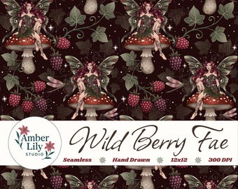 Patrón sin costuras de duende de seta oscura, diseño de tela de bosque dibujado a mano, estampado repetitivo de libélulas, bayas y hojas, hada melancólica, comercial