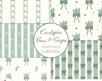 Paquete de patrones sin costuras de lazos y rayas en verde salvia, estampado de tela de eucalipto dibujado a mano, diseño de superficie Grandmillennial