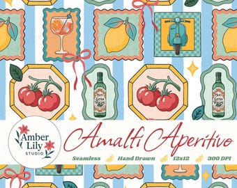 Patrón sin costuras de verano italiano dibujado a mano, papel digital de comida mediterránea, estampado de tela de cocina italiana, Vespa de limón, tomate y aceite de oliva