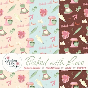 May include: A pattern bundle with a repeating design of baking-themed illustrations. The design includes a pink stand mixer, a green apron, rolling pins, heart-shaped cakes, and the text "Baked with Love". The pattern is hand-drawn.