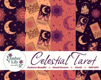 Paquete de patrones sin costuras de Tarot Celestial, papel digital místico de Sol y Luna, patrón de bruja dibujado a mano, diseño de tela de astrología de cartas del Tarot