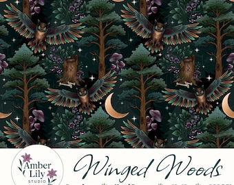 Patrón sin costuras de bosque oscuro, repetición de búho, diseño de tela de bosque melancólico, dibujado a mano, estampado de árboles y setas de bruja, morado verdoso, comercial