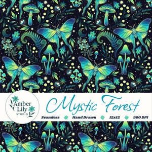May include: Seamless pattern featuring a mystical forest design. The artwork showcases vibrant teal and yellow moths, mushrooms, and foliage against a dark background. The text "Mystic Forest" is displayed in a teal script font.