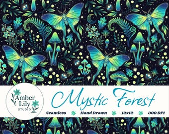 Patrón sin costuras Bosque Místico, diseño de tela de polillas y setas dibujadas a mano, noche botánica celestial caprichosa, uso comercial