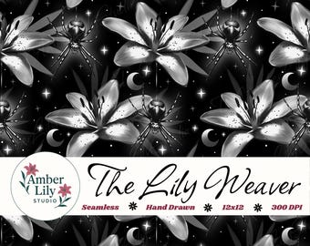 Patrón sin costuras de lirios góticos y arañas, diseño floral de bruja dibujado a mano en blanco y negro, estampado místico oscuro para tela, flores, comercial