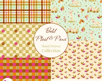 Paquete de patrones sin costuras de cuadros atrevidos y patas: repetición de perro dálmata, estampado de mariposas, tablero de ajedrez retro de margaritas, diseño moderno de tela a cuadros.