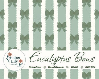 Patrón sin costuras de lazos de coqueta de salvia, papel digital con cinta verde eucalipto, diseño de superficie de rayas festoneadas dibujadas a mano, estampado de tela