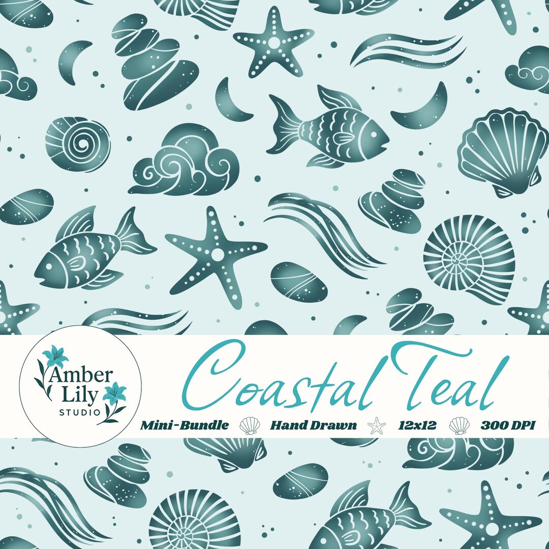 Hand Drawn Teal Coastal Seamless Pattern, Shells & Nautical Treasures ...