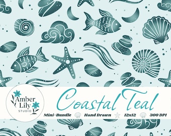 Patrón costero verde azulado sin costuras dibujado a mano, conchas y tesoros náuticos. Descarga PNG multipaquete para tela, impresión y uso comercial.