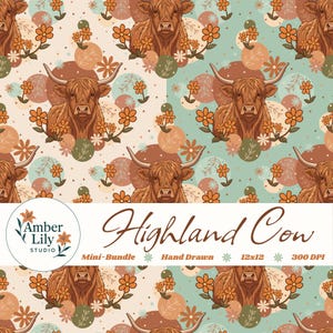 Highland Cow & Flowers Seamless Pattern, Hand Drawn, Multi-Pack PNG, Download for Papers, Fabric, Surface Design, Commercial Use