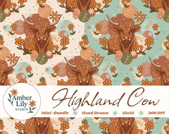 Patrón sin costuras de vaca y flores de las Tierras Altas, dibujado a mano, paquete múltiple de PNG, descarga para papel, tela, diseño de superficies y uso comercial.