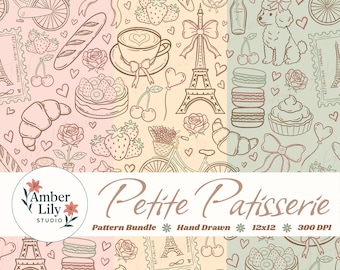 Hand Drawn Paris Seamless Pattern Bundle, French Cafe Coquette Digital Paper, Parisian Bakery, Eiffel Tower Poodle Fabric Design