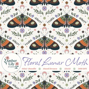 Floral Lunar Moth Seamless Pattern, Hand Drawn, Botanical Design, Celestial, PNG, Download for Fabric, Surface Design, Commercial Use