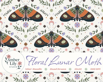 Patrón floral de polilla lunar sin costuras, dibujado a mano, diseño botánico, celestial, PNG, descarga para tela, diseño de superficies, uso comercial