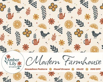 Patrón sin costuras de casa de campo moderna, dibujado a mano, PNG, diseño cottagecore, descarga para tela, diseño de superficies, uso comercial