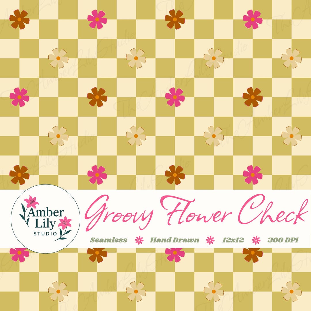 Groovy Flower Checkerboard Seamless Pattern, Hand Drawn Retro Floral ...